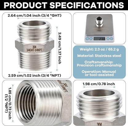 [2 Pack] 304 Stainless Steel Garden Hose Fittings Connectors Adapter Male 3/4”GHT × Male 3/4”NPT With Female 1/2" NPT, Garden Hose to Pipe Fittings Connect