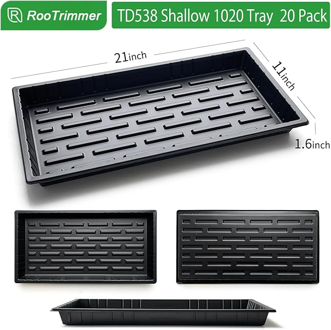 20 Pack Shallow 1020 Trays No Holes, Heavy Duty Reusable Seed Starter Flat Seedling Tray for 72/128 Cell Plug Tray, Transplant, Microgreen & Seed Germination (21"×11", 1.6" Deep, TD538)