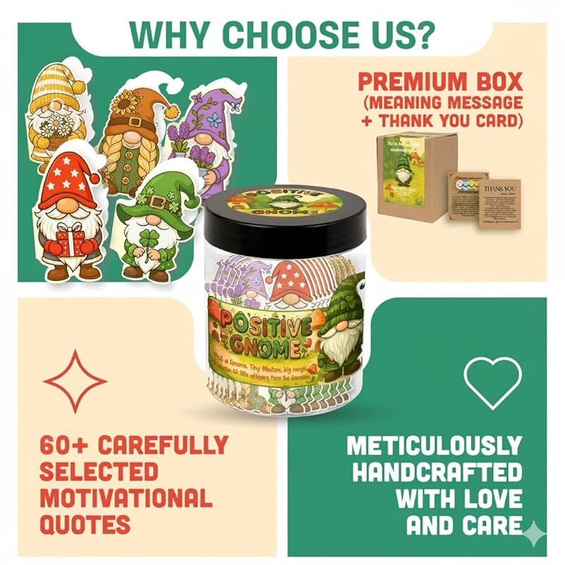 Positive Gnome Jar with 60 Daily Affirmation Cards, Emotional Support Gnome, Encouraging Gnomes Mini, Gnome Birthday Decorations, Gnome Gifts, Mini Gnomes Bulk, Inspirational Gifts for Women