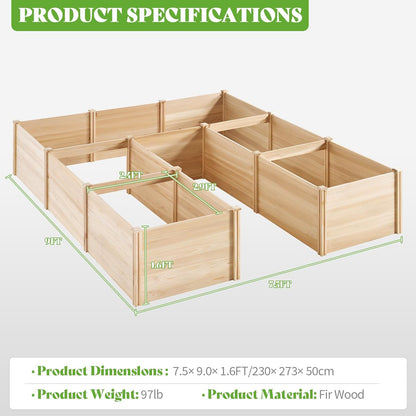 PaPaJet Raised Garden Bed for Outdoor, Seven Grids Deep Large Planter Box for Gardening, Vegetables, Flowers, Herbs（7.5× 9.0× 1.6FT）