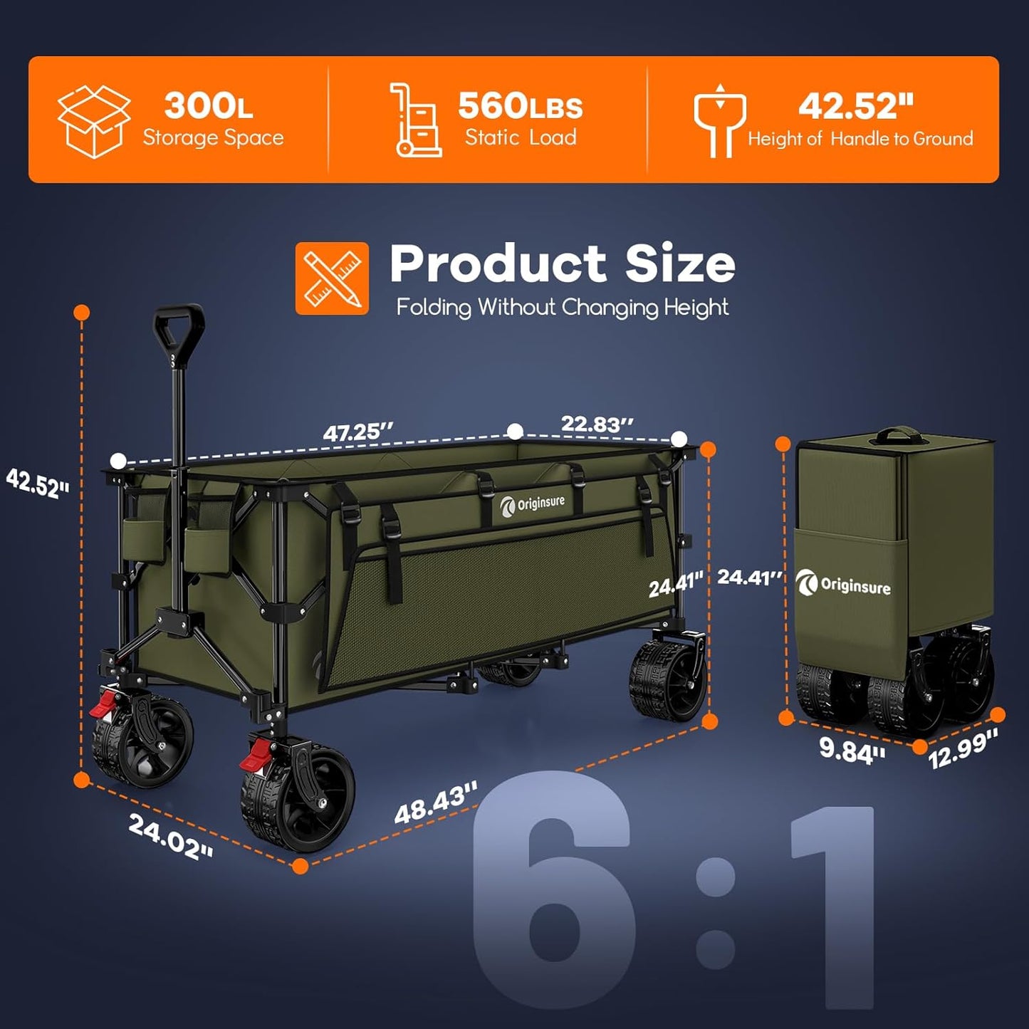 48" L Collapsible Wagon Cart Foldable, 560lbs Weight Capacity 300L Heavy Duty Folding Beach Wagons with Big All-Terrain Wheels, Utility Carts for Groceries, Shopping, Camping, Sports - Green