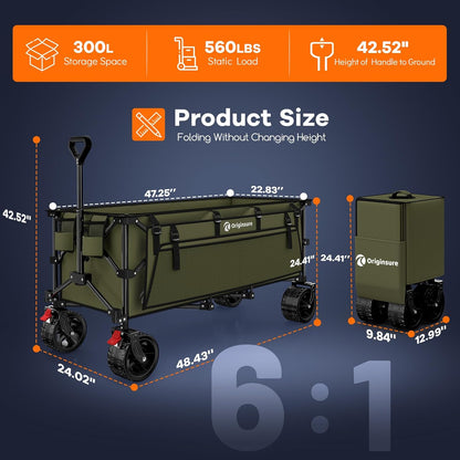 48" L Collapsible Wagon Cart Foldable, 560lbs Weight Capacity 300L Heavy Duty Folding Beach Wagons with Big All-Terrain Wheels, Utility Carts for Groceries, Shopping, Camping, Sports - Green