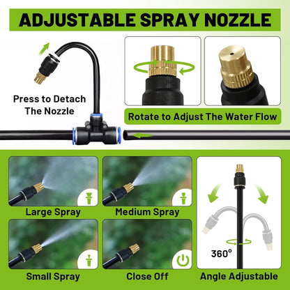 Drip Irrigation Kit - 100 FT. Hose Sprinkler System with 360° nozzles and T-connectors for Gardens, lawns, Plants, Flower beds, Trees, patios and hydroponics (Closeable nozzle-16)