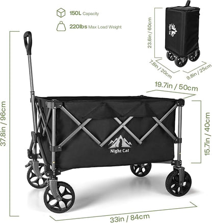 Night Cat Collapsible Wagon for Camping: 150L Garden Gart with Wheels Heavy Duty - Folding Utility Wagon for Outdoor