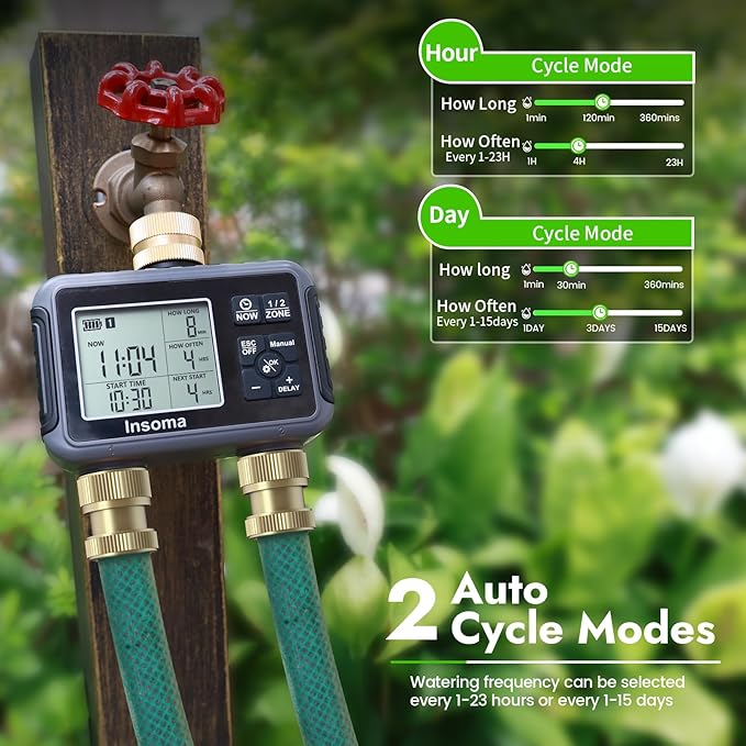 Insoma Water Timer with Brass Inlet & Outlet, 2 Independent Zones Outdoor Hose Timer for Garden Faucet with Auto/Manual/Rain Delay Mode, Sprinkler Irrigation Controller for Yard Lawn