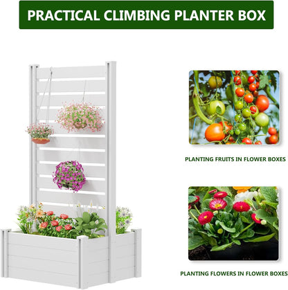 Casaphoria Raised Garden Bed with Trellis, 71"x35"x24" Planter Box with Open Bottom for Gardening Vegetables & Vines and Climbing Plants, White