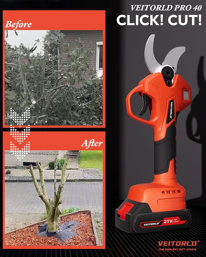 VEITORLD Electric Pruning Shears, Upgraded 1.6" Cutting Diameter Cordless Pruner with Brushless Motor, 2 * 2000mAh Rechargeable Batteries & SK5 Blade, Effortless Garden Pruning Tool for Tree Branches
