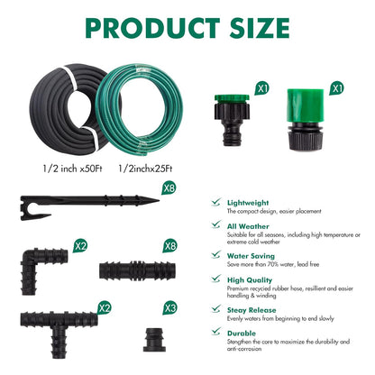 Soaker Hose System 1/2 Inch x 50ft Soaker Hose Kit with 25ft PVC Garden Hose Drip Irrigation Watering Tubing System with Reinforced Fittings Water for Outdoor Garden Yard Lawn Raised Flower Bed Plant