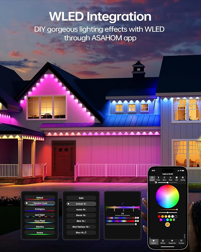 ASAHOM Permanent Outdoor Lights Pro S108F, 400FT with 288 RGBCW LEDs, WLED Integration, AI Lighting, 30000 Lighting Effect Combinations, IP67 Waterproof for Halloween Christmas Daily Decor, White