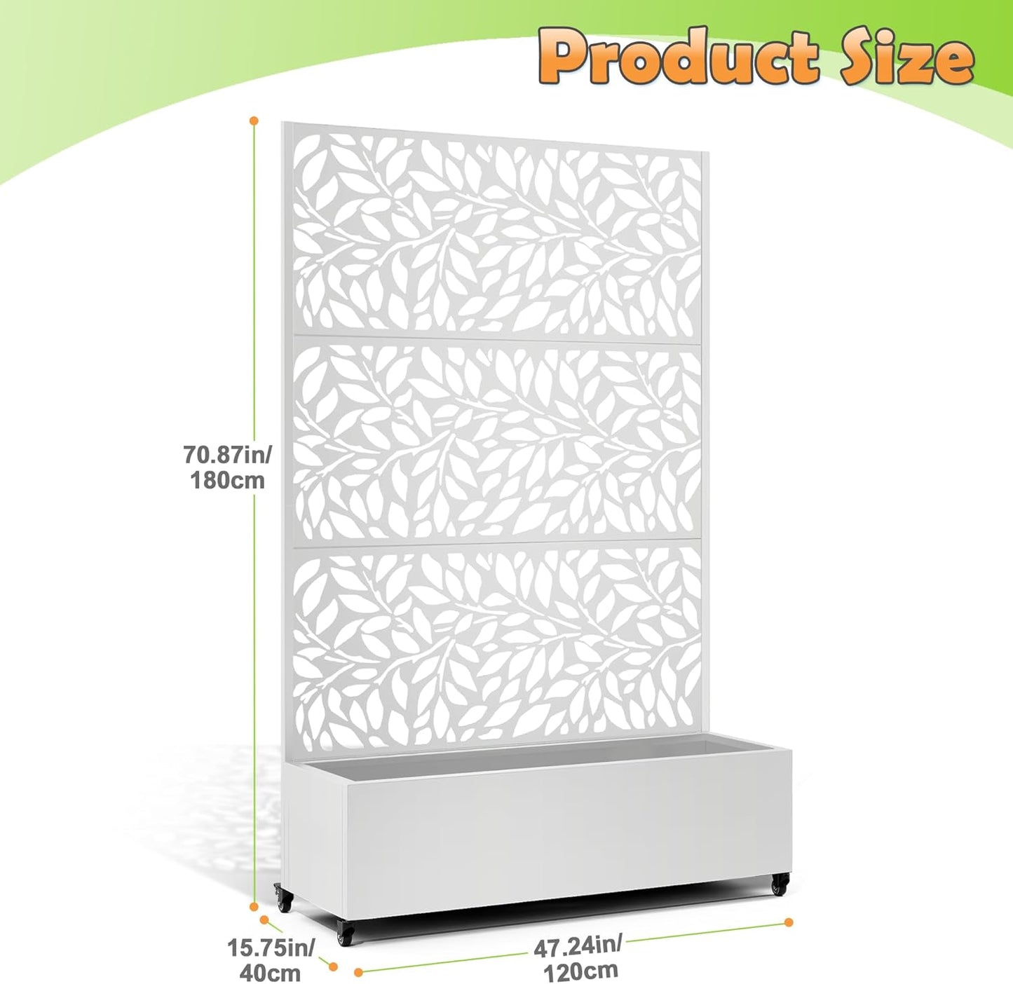 Metal Raised Garden Bed with Trellis, 2 in 1 Trellis with Planter Box & Privacy Screen for Climbing Plants, Vine, Outdoor Standing Flower Beds with Drainage Holes,47.2" L x 16.7" W x 70.8" H,(White)