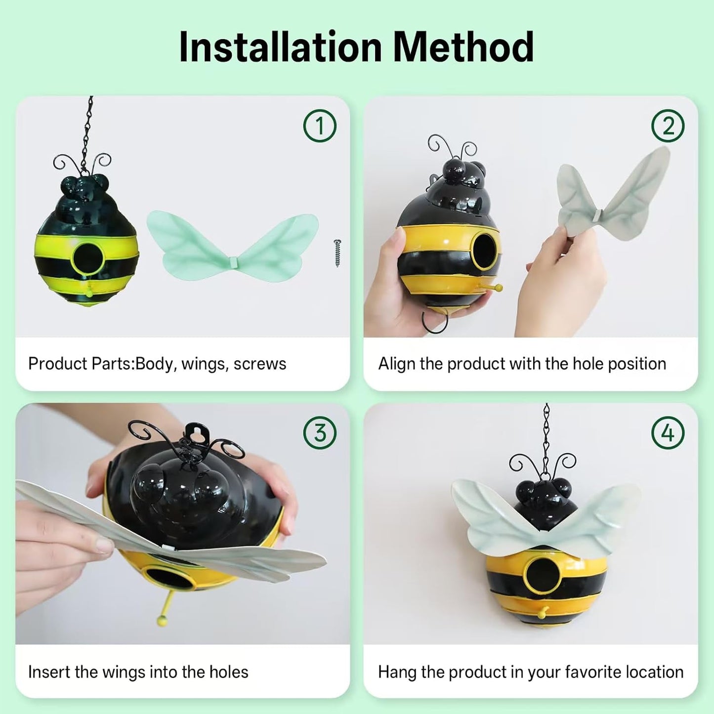 Honeybee Theme Bird House - Decorative Outdoor Metal Birdhouse for Garden, Yard, or Patio - Rust-Resistant & Weatherproof Bee Design with Hanging Chain - Attracts Finches, Sparrows 7.67”x5.11”x2.55”