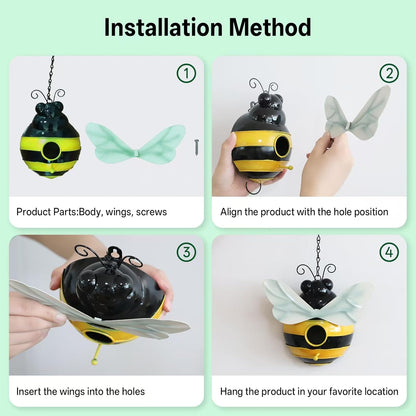 Honeybee Theme Bird House - Decorative Outdoor Metal Birdhouse for Garden, Yard, or Patio - Rust-Resistant & Weatherproof Bee Design with Hanging Chain - Attracts Finches, Sparrows 7.67”x5.11”x2.55”