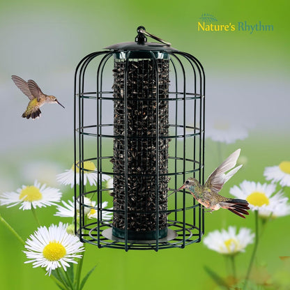 Nature's Rhythm Outdoor Hanging Bird Feeder Cage Mesh Tube Squirrel Proof Wild Bird Feeder with Large Metal Seed Guard Deterrent