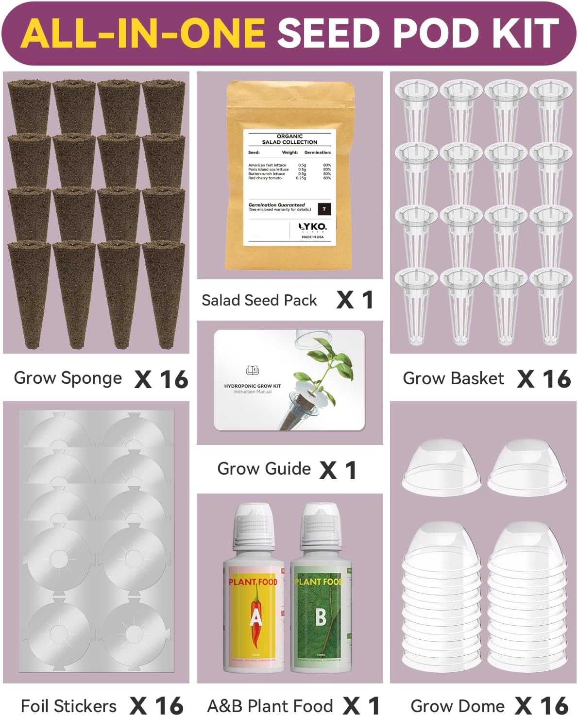 Salad Seed Pod Kits for AeroGarden, 16-Pods, Ahopegarden, iDOO Hydroponics Growing System Herb Garden, 400+ Seeds, Including American Fast Lettuce, Buttercrunch Lettuce, Red Cherry Tomato