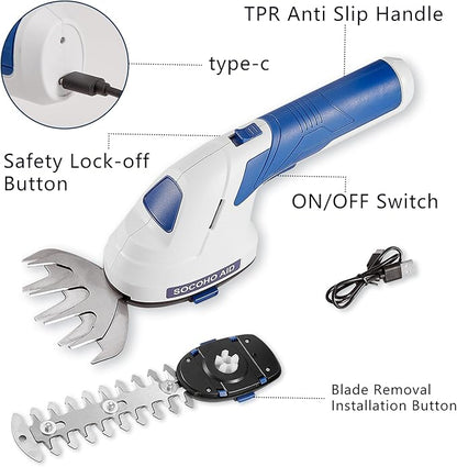 Cordless Grass Shear, 2 in 1 Hedge Trimmer, Electric Handheld Grass Cutter 7.2V Rechargeable Bush Trimmer Lightweight Shrubbery Hedge Shears with Type-C Cable and 2.0Ah Battery for Garden Yard Lawn