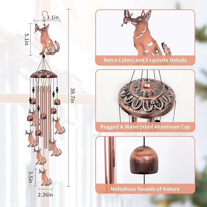 German Shepherd Wind Chimes for Outside, Memorial Decor for Women, Men - Dog Lover Chimes for Patio, Garden