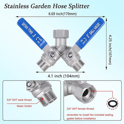304 Stainless Steel Garden Hose Splitter 2 Way Heavy Duty, Full Flow Garden Hose Y-Valve Hose Splitter with Shutoff Valve, Outdoor Faucet Splitter Hose Connector, 3/4" GHT Threads