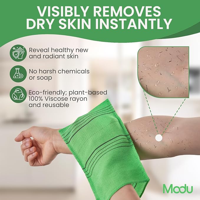 Modu Korean Exfoliating Mitts Large 5PCS (Green) – Exfoliating Gloves Body Scrubber Italy Towel Washcloth for Korean Spa at Home, Dead Skin Remover, 100% Vegan Viscose