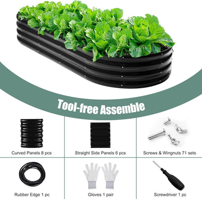 12" Tall Black Oval Metal Raised Garden Bed Outdoor - 7x3ft Galvanized Steel Planter Box for Vegetables/Flowers Modular Rust-Proof Gardening Bed Heavy Duty Plant Container