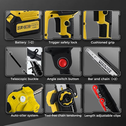 Brushless 2-IN-1 Cordless Pole Saw & Mini Chainsaw, 2× 21V 4.0Ah Batteries Powered 8 Inch Chain, 16-Foot Max Reach & Multi-Angle Electric Pole Saw for Tree Trimming,Tree Trimmer for Branch Cutting.