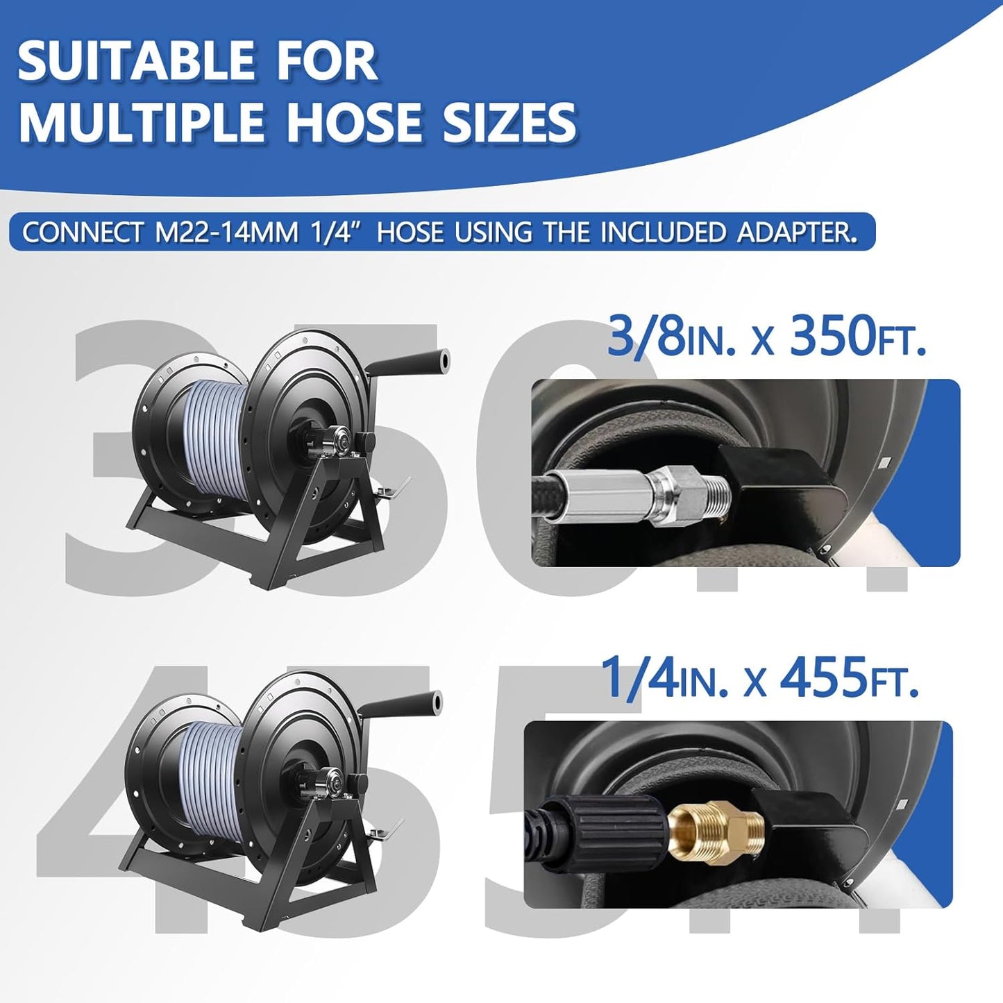 Pressure Washer Hose Reel 3/8" x 350FT, Hand Crank Power Washer Hose Reel with M22 Fitting, 5000 PSI Heavy Duty Hose Reel for Water, High Pressure Washer Reel with Trailer/Wall/Van Mount