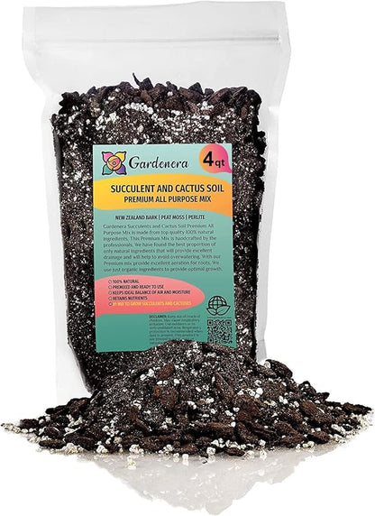Gardenera Professional Succulent Soil Premium All Purpose Blend | Pre-Mixed Ready to Use for Cactus and Succulents | Sphagnum Peat Moss, Perlite, New Zealand Pine Bark - Made in USA - 4 Quart