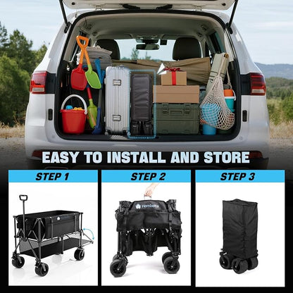 Folding Double Decker Wagon, 560LBS Heavy Duty Utility Cart with Brakes, 400L Wagon Cart with Wheels Foldable, All-Terrain Big Wheels for Camping, Beach, Picnic, Outdoor Use, Black