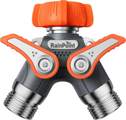 RAINPOINT Garden Hose Splitter, 2 Way Heavy Duty Water Hose Y Spigot Splitter with Shutoff Valves, 100% Metal Body Outdoor Faucet Splitter, 1.9" Extra Long Metal Handle, 3/4" GHT Thread (1, Orange)