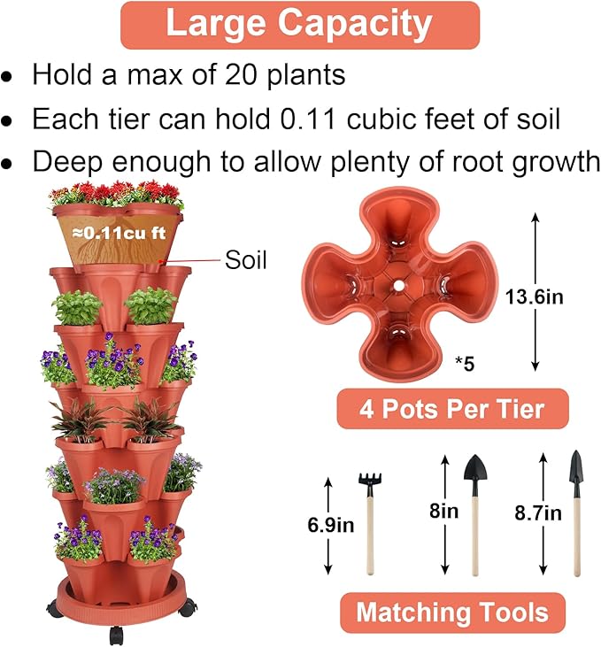 Vertical Planter 7 Tier Stackable Planters Garden Planters Strawberry Herb Flower and Vegetable Planter Indoor Outdoor Gardening Pots with Removable Wheels and Tools 2-Pack