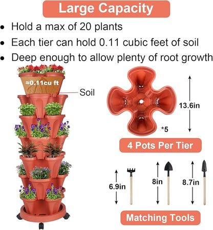 Vertical Planter 7 Tier Stackable Planters Garden Planters Strawberry Herb Flower and Vegetable Planter Indoor Outdoor Gardening Pots with Removable Wheels and Tools