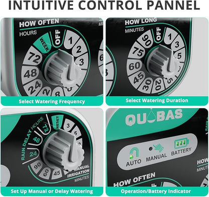 QUOBAS 3-Dial Analog Water Timer, Mechnical Control Automatic Sprinkler Timer with Manual and Rain Delay, for Garden Hose Watering, Drip Irrigation