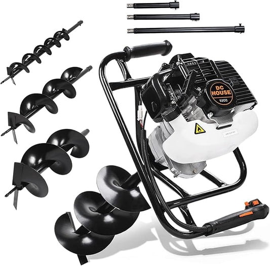 DC HOUSE 52cc 1800W Gas Powered Earth Auger EPA Certified Post Hole Digger, with 3 Drill Bits 6" 10" 12" and 3 Extension Rods 8" 12" 20", Mixing Ratio 30:1, for Fence, Farmland and Garden
