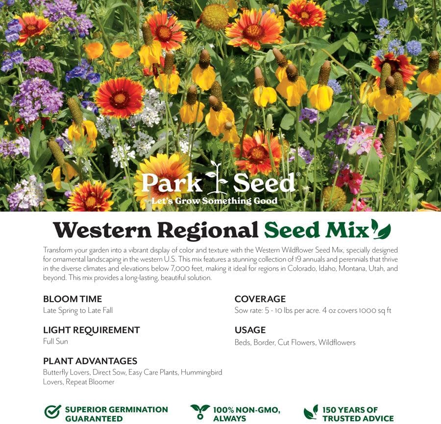 Park Seed Grow Your Own Vibrant Annual and Perennial Wildflower Garden Seeds Mixture, Easy to Grow Varieties for Pollinators and Spring Gardens - Western Regional Mix, 50 lbs