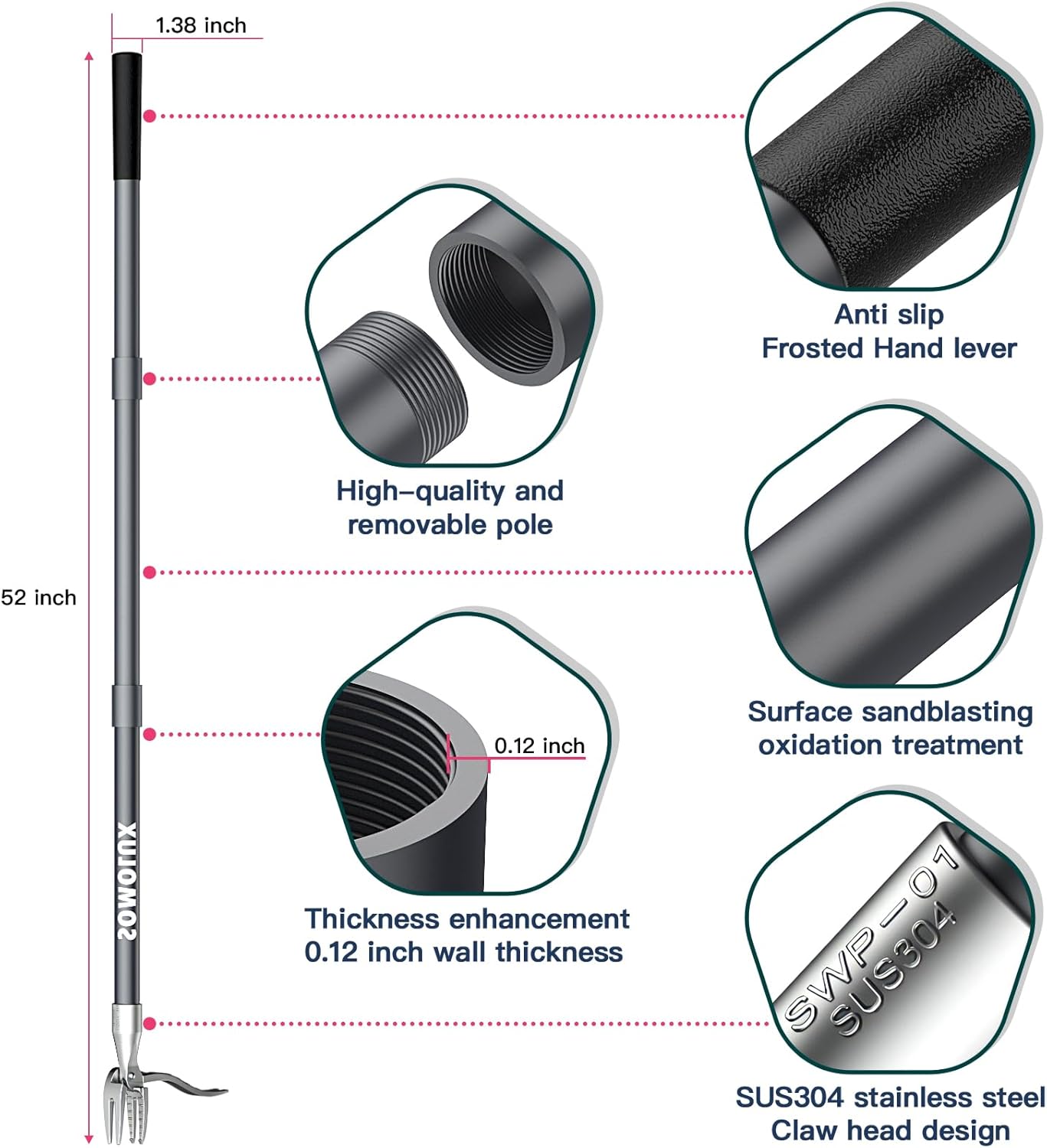 SOMOLUX 52'' Weed Puller Tool Stand-up Weeder with Metal Long Handle/Stainless Steel Claw, Gardening Manual Tool Weed Gripper/Picker/Remover No Bending/Kneeling to Remove Dandelion Form Lawn Patio
