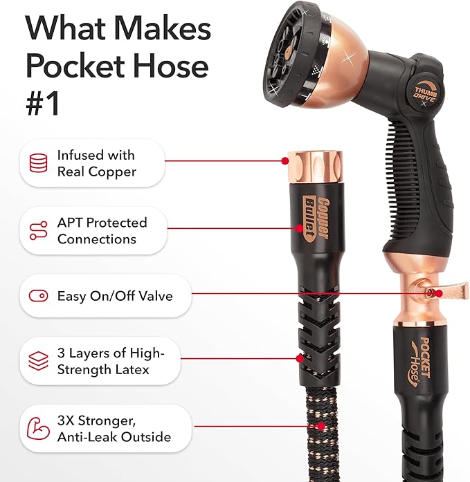 Pocket Hose Copper Bullet Expandable Garden Hose 25 FT w/10 Pattern Thumb Spray Nozzle AS SEEN ON TV 650psi 3/4 in Patented Lead-Free Ultra-Lightweight Solid Copper Anodized Aluminum Fittings No-Kink
