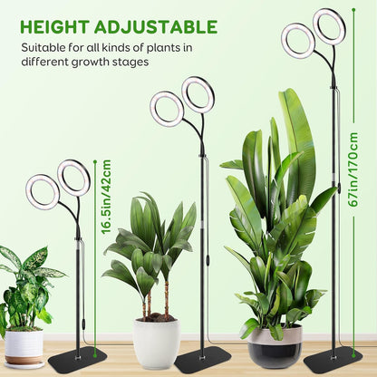 Dual Head Grow Light for Indoor Plants,Full Spectrum LED Halo Plant Lights with Stand, Floor Standing Growing Lamp with Adjustable Height,Auto Timer,Dimmable Brightness for Tall Large Plant