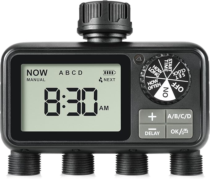 Sprinkler Timer,4 Outlets Programmable Water Timer for Garden Hose,Outdoor Hose Timers with Rain Delay/Manual/Automatic Watering System,Digital Irrigation Timers for Yard,Lawn