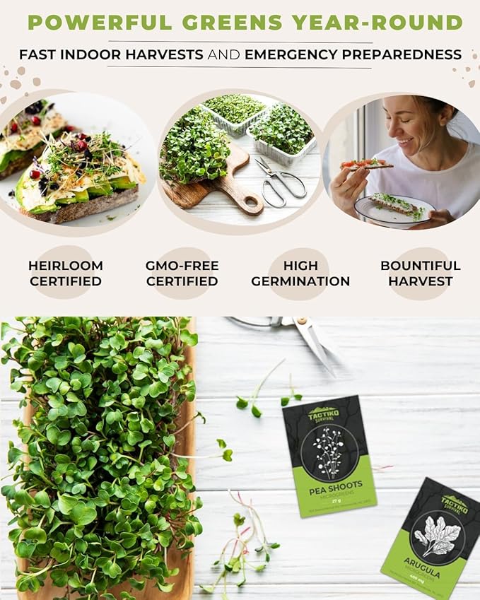 15 Tactiko Rapid Growth Microgreens & Vegetable Seed Kit – Heirloom Non-GMO Grown in USA – for Everyday or Survival Use – Sprout Indoors or Grow Full-Size Veggies in Soil, Containers, or Hydroponics