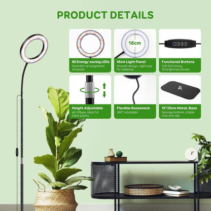 One Head Grow Lights for Indoor Plant Full Spectrum, Plant Lights for Indoor Growing with 3/9/12 Timer, 5 Dimmable Levels, Height Adjustable 16.5''-68", Strong Base for Large Plants