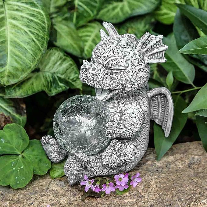 Garden Dragon Statue Solar Powered Outdoor Figurine Light Decor Cute and Hold Glowing Glass Ball Resin Sculpture Home Decoration for Porch Patio Lawn Farm Yard Housewarming Ornament Gift
