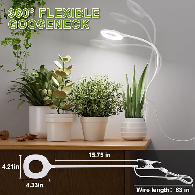 Full Spectrum Grow Lights for Indoor Plants, Clip On Plant Lights for Indoor Growing with 4/8/12H Timer, 3 Light Modes, 10 Dimmable Levels, Adjustable Gooseneck, Remote Control, 2-Pack