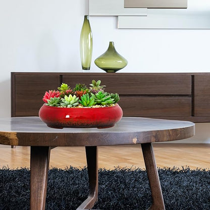 ARTKETTY Succulent Pots - 11.5 Inch Ceramic Bonsai Pots with Drainage, Large Shallow Succulent Planters for Indoor Outdoor Plants, Round Glazed Cactus Flower Plant Container Bowl Home Desk Decor(Red)