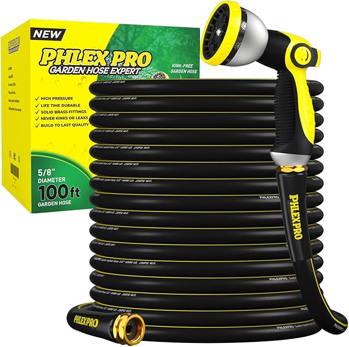 Garden Hose 100FT with 10 Pattern Spray Nozzle - PHLEX PRO Heavy-Duty 5/8'' Rubber 3-Layer Garden Hose - Innovation Flexible Hybrid Lightweight Water Hose, Full Brass Fittings (RyobiGreen)