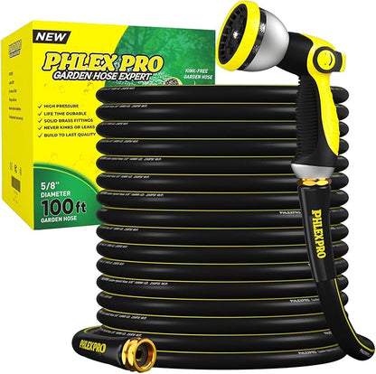 Garden Hose 100FT with 10 Pattern Spray Nozzle - PHLEX PRO Heavy-Duty 5/8'' Rubber 3-Layer Garden Hose - Innovation Flexible Hybrid Lightweight Water Hose, Full Brass Fittings (RyobiGreen)