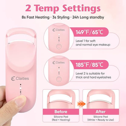 Heated Eyelash Curler - 10s Heat, 3s Curl, Mini Burn-Proof Design with Heat Sensitive Silicone Pad, 24H Hold to Style Natural Eyelashes Dual-Temp Control & Type-C Recharge
