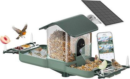 Dual-Lens Bird Feeder with Camera & Bird Bath Combo, Watch Birds Eat & Bathe with WiFi 2K HD Video, Auto Record, AI Recognition, APP Alerts, Solar Powered, for Backyard Garden Porch Fence Decor