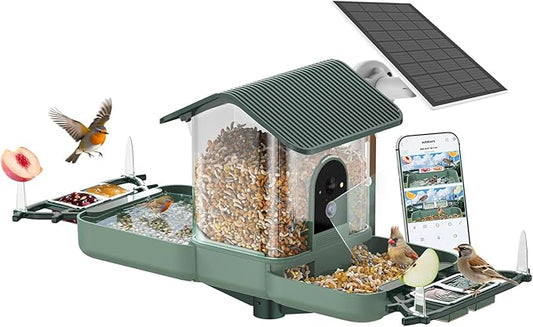 Dual-Lens Bird Feeder with Camera & Bird Bath Combo, Watch Birds Eat & Bathe with WiFi 2K HD Video, Auto Record, AI Recognition, APP Alerts, Solar Powered, for Backyard Garden Porch Fence Decor