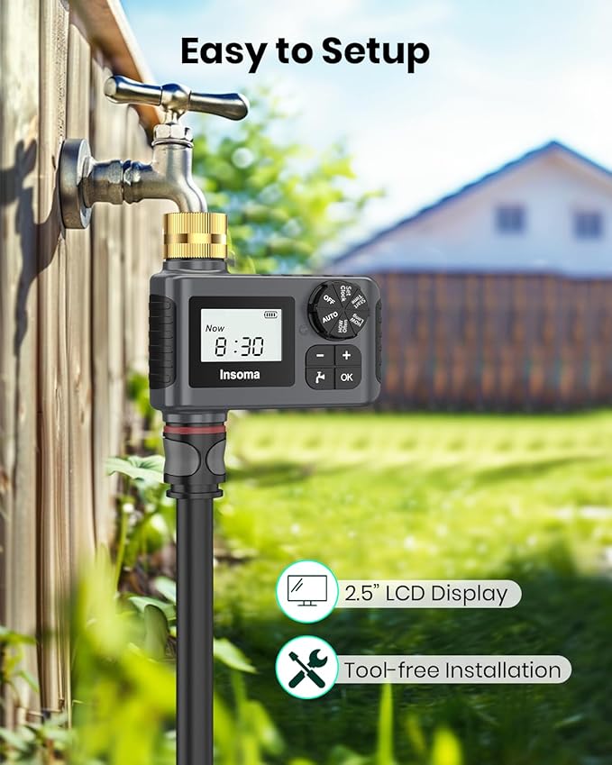 Sprinkler Timer with Brass Inlet and Outlet, Programmable Water Timer for Outdoor Garden Hose, Hose Timers with Rain Delay/Manual/Auto Mode, Drip Irrigation and Lawn Watering System, 1 Outlet