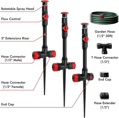 RESTMO Above Ground Sprinkler System with Metal Spike Base, Flexible DIY Irrigation Kit, Multi-Adjustable Lawn Sprinkler & 30ft Hose Set, for Garden Plant, Flower Bed and Large Yard Area Watering