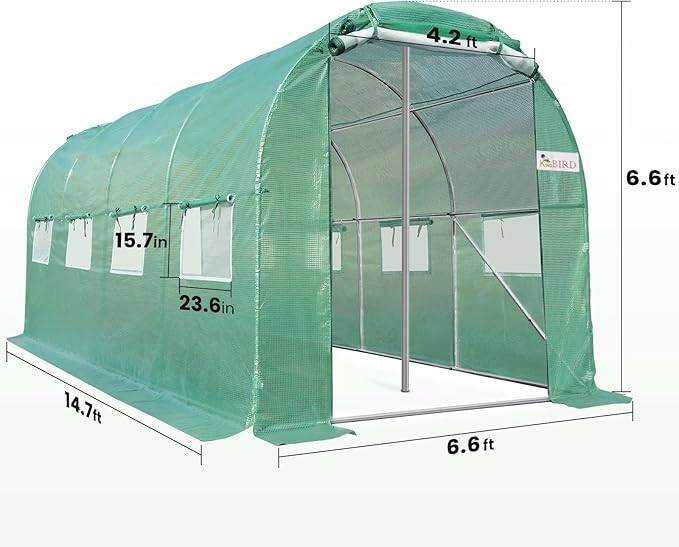 KING BIRD Premium 15x6.6x6.6FT Greenhouse for Outdoors, Large Walk-in Upgraded Galvanized Metal Frame, Mesh Door Screen Window Improved Zipper Tunnel Hoop for Garden Plant Winter, 2 Stiffeners, Green